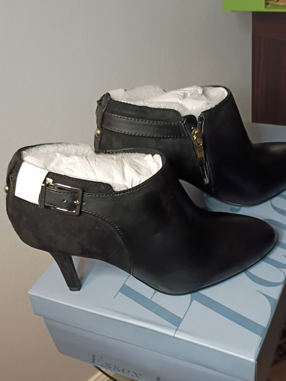 Essex Lane Black Pointed Ankle Booties with Gold Zip & Buckle Detail